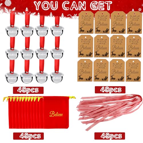 TANTOPALE 48-Pack Christmas Believe Bell Ornaments Silver Sleigh Bells Holiday Decorations