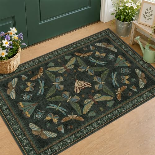 2x3 Dark Green Entryway Rug - Washable Non Slip Boho Accent Throw Rug