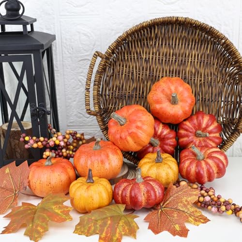 16-Piece Mini Artificial Pumpkin Decor Set with Maple Leaves and Berries