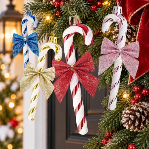 Gold and White Glitter Candy Cane Ornaments - 12pcs Christmas Tree Decorations with Bows