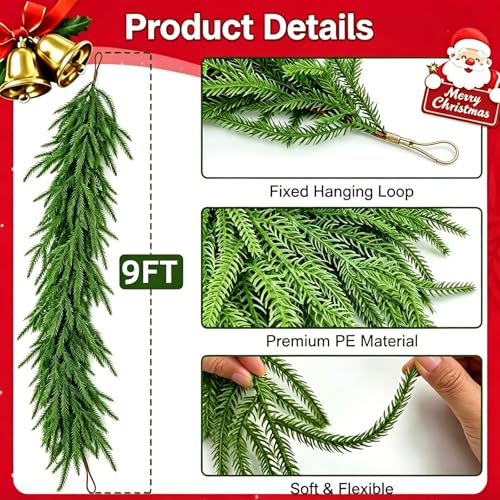 2 Pcs 9 ft Real Touch Norfolk Pine Garland – Faux Winter Mantle Decor