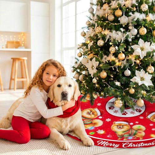 Pomeranian Christmas Tree Skirt 48” - Indoor/Outdoor Holiday Decor for Pets