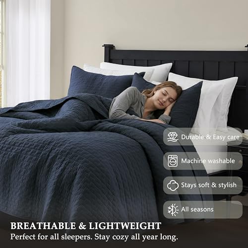 Navy Blue 100% Cotton Queen Quilt Set - 3-Piece Lightweight Bedspread