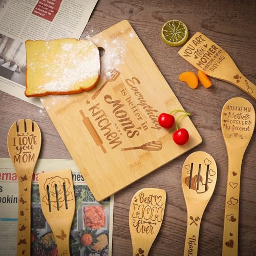 Mom Kitchen Gift Set with Cutting Board & Wooden Spoons, Apron, Oven Mitts & Pot Holder
