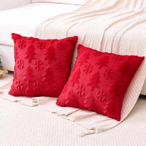 OTOSTAR 2-Pack Xmas Plush Wool Velvet Throw Pillow Covers 28x28 in Red Tree & Snowflake