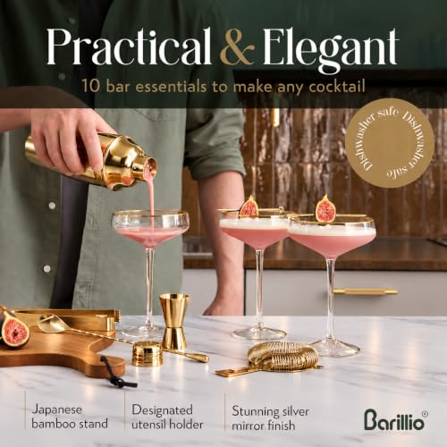 Gold Bartender Kit - 10-Piece Cocktail Shaker Set with Bamboo Stand, Mixology Tools
