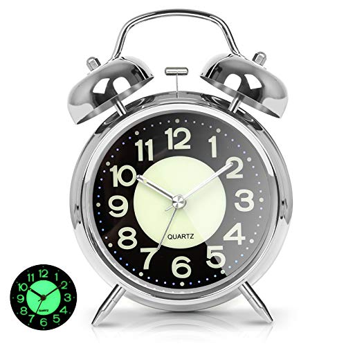 Loud Twin Bell Alarm Clock for Heavy Sleepers - 4.5" Retro Silent Metal Clock