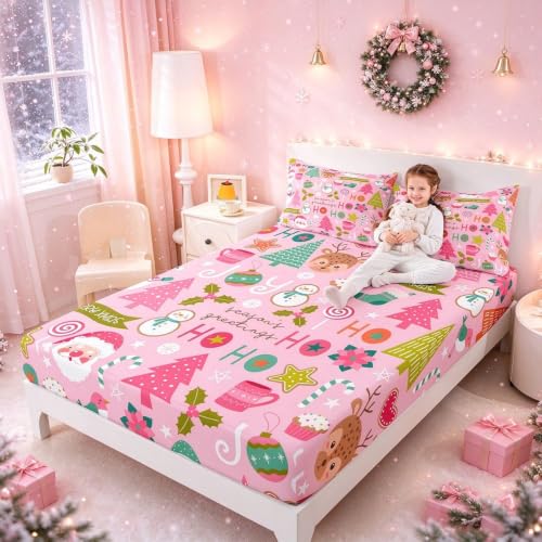 Erosebridal Full Christmas Fitted Sheet Set with 2 Pillowcases – Cartoon Santa Snowman Pine Tree Bedding