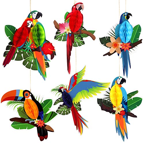 Large Tropical Bird Honeycomb Cutouts - 9x7.7 Inch Hanging Parrot Decor (6 Pack)