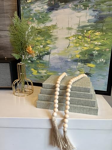 4-Piece Sage Linen Decorative Books Set with Wood Beaded Tassel