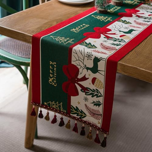 iEventStar Christmas Table Runner 13 x 70 inches Green & Red Tassels Cotton Blend