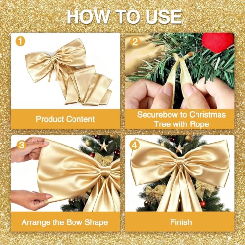 Gold Satin Christmas Tree Topper Bow 23.62x62.99in Holiday Decor Large Bow