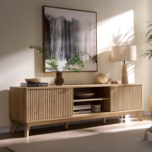 70-Inch Mid-Century Modern Fluted TV Stand with Storage Cabinets