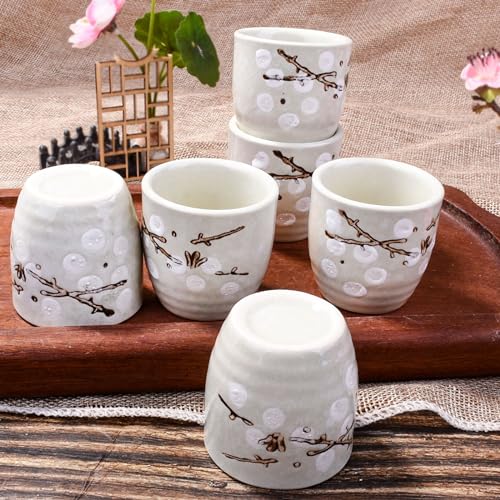 Whitenesser Japanese Ceramic Sake Cup Set of 6 - White Vintage Plum Tea Cups 1.81"