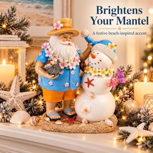 Coastal Hawaiian Santa & Snowman Figurine - 9.4in Beach Christmas Table Decor, Colorful