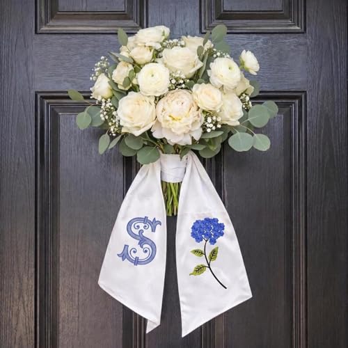 Monogram Wreath Sash for Front Door Embroidered Letter S Hydrangea