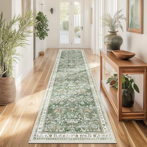 2x8 Washable Floral Runner Rug, Non-Slip Sage Green Boho Kitchen Carpet
