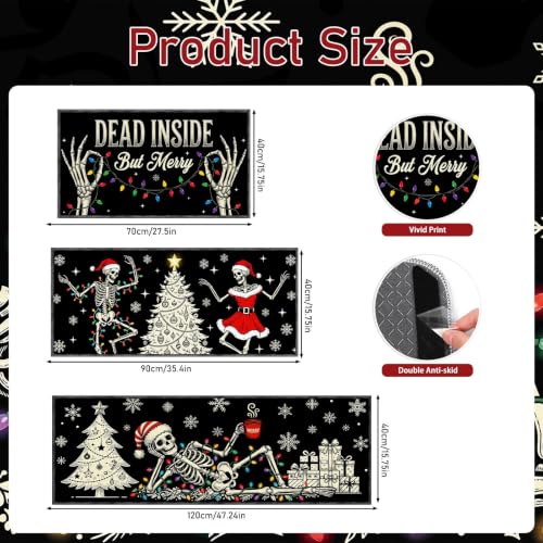 Skeleton Christmas Kitchen Rugs - 28x16/35x16/47x16 Inches, Dead Inside But Merry, Dark Humor Santa Skeleton Mats (Variation: Christmas Skeleton)