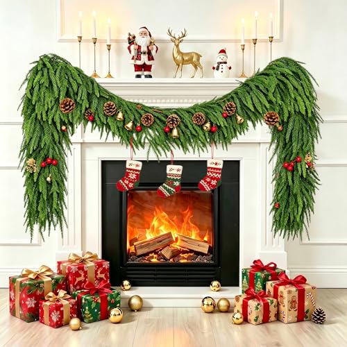 2 Pcs 9 ft Real Touch Norfolk Pine Garland – Faux Winter Mantle Decor
