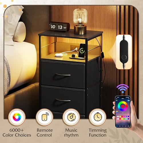 3-Drawer LED Nightstand with Charging Station, Bedside Table with USB Ports