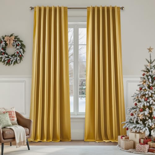 HOMEIDEAS Gold Faux Silk Blackout Curtains 52x84 Inches - Pack of 2, Room Darkening Drapes