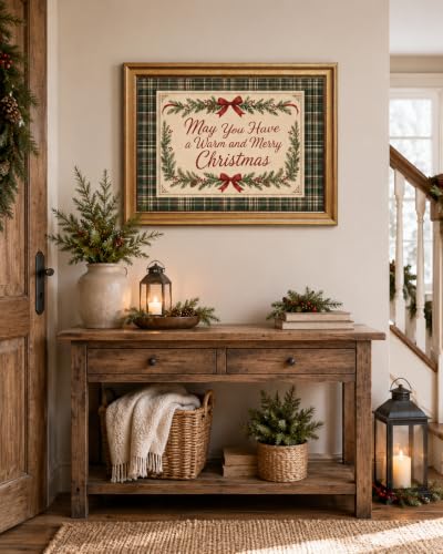 Gold Framed Christmas Wall Art Plaid Quote Canvas Print 12 x 16 in – May You Have a Warm and Merry Christmas (Plaid Quote / 16" L x 12" W)