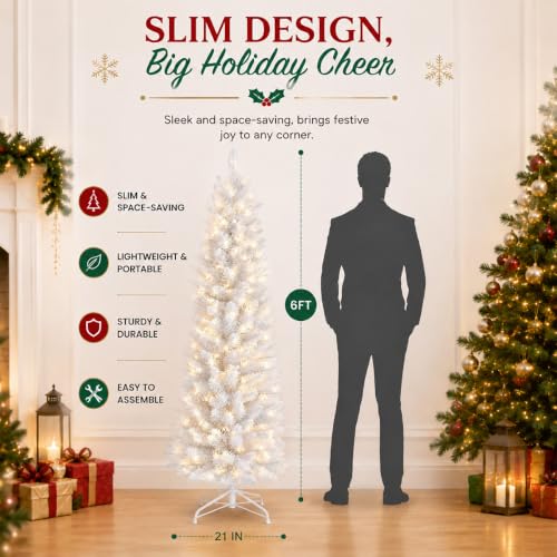 6ft White Pre-Lit Slim Artificial Christmas Tree with 260 Warm White LED Lights - Family & Pet-Friendly
