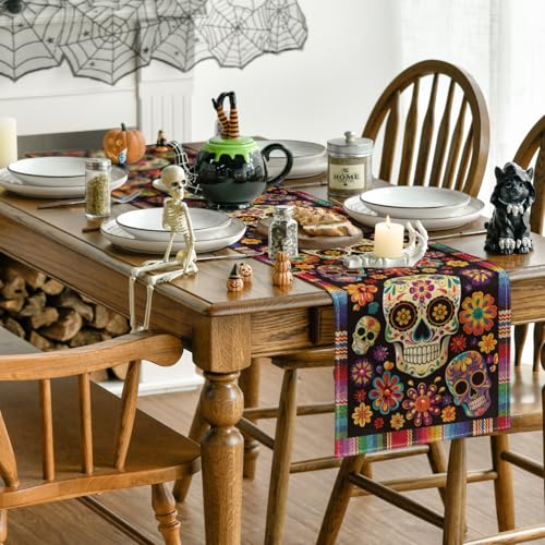 13x120 Inch Flowers Sugar Skull Mexican Day of The Dead Table Runner - Red/Blue