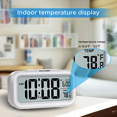 Digital Alarm Clock with Night Light & Temperature - Battery Operated (White)
