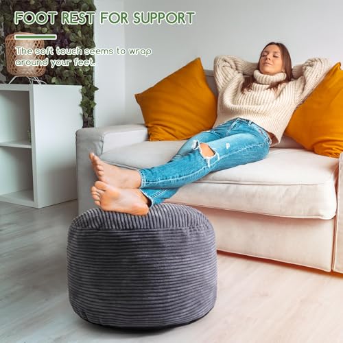 Round Plush Storage Pouf Ottoman - 20x15 Inch Floor Footrest, Dark Grey