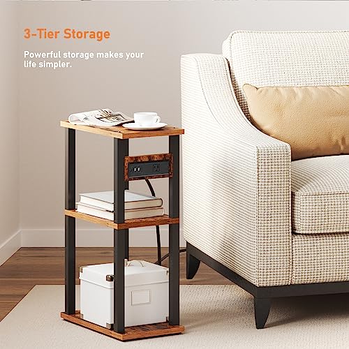Narrow Side Table with Charging Station, 3-Tier Slim End Table with USB