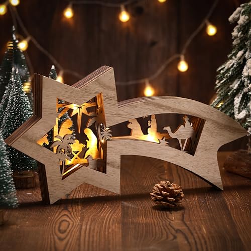 Bucherry Classic Wooden Nativity Scene Christmas Ornament with LED Lights - Tabletop Decor