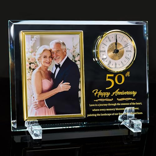 50th Wedding Anniversary Crystal Glass Photo Frame Clock for Couples