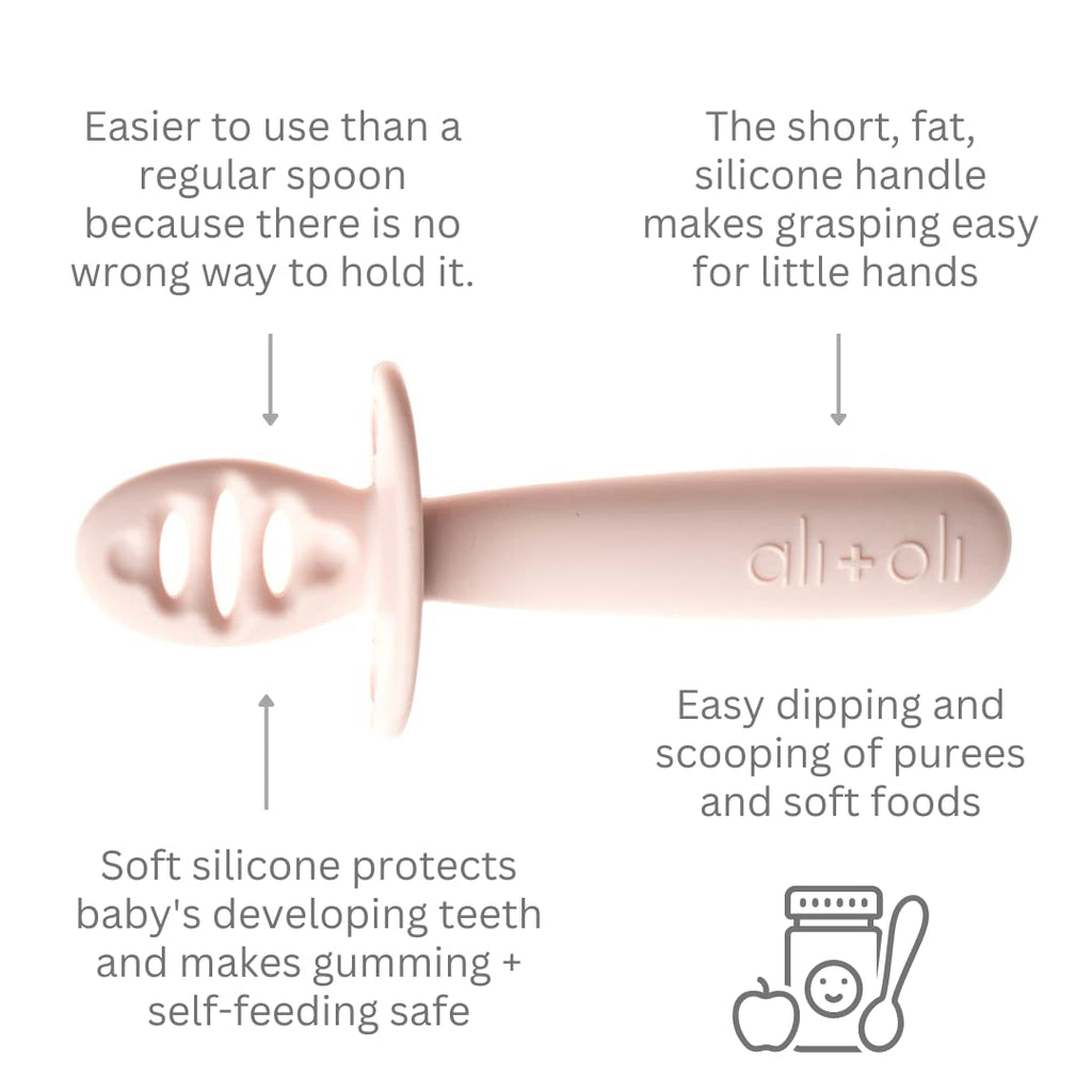 Ali+Oli (3pc) Silicone Spoon Set for Baby (Blush) Unbreakable Baby Spoons, Self Feeding Utensils, Multi-stage Design, Ergonomic Handle