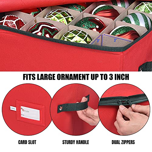 Primode Red Christmas Ornament Storage Box with 4 Trays, Holds 64 Decorations