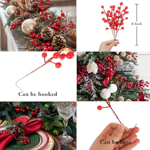 COSOKUU Red Berry Stems 30 Pcs - 8in Artificial Holly Picks for Christmas Decor (Red)