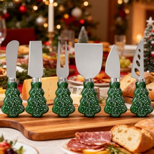 Guojanfon 6-Piece Christmas Tree Cheese Knife Set with Snowflake Handles - Holiday Charcuterie Accessories