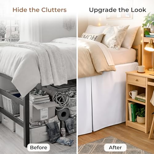 Twin XL Bed Skirt 42 Inch Drop Length Pleated Microfiber Dorm Room Bedding - White, Split Corner - Variation 01