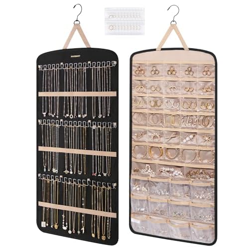 BAGSMART Hanging Jewelry Organizer, Necklace Holder Anti-tangle Earrings Rings Hanger with Pockets Hang on Closet, Wall, Door,1 Piece, Extra Large Black