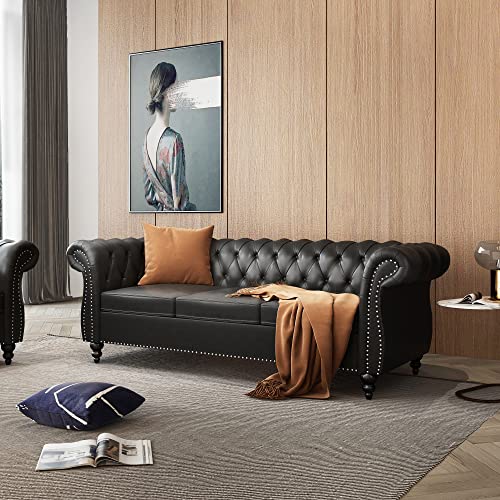 2-Piece Chesterfield Leather Sofa and Chair Set with Nailhead Trim