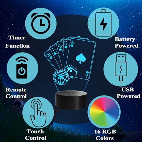 3D Poker Night Light with 16 Colors, Dimmable LED Desk Lamp for Man Cave