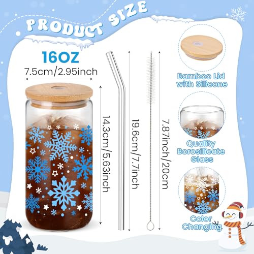 Yetene 24 Pack Snowflake Color Changing Glass Tumblers with Lids & Straws - Winter Holiday Drinkware