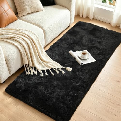 2x6 Black Fluffy Runner Rug, Soft Non-Slip Shag Carpet for Hallway Bedroom