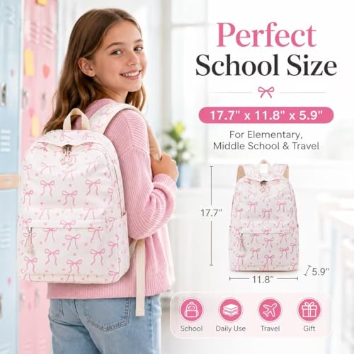 LOIDOU School Backpack for Girls Bow Tie Beige Laptop Bookbag