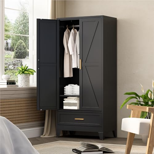 Modern Farmhouse Metal Wardrobe Closet with Hanging Rod and Drawer