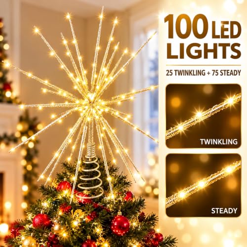 Meonum LED Starburst Christmas Tree Topper with Timer, Golden 16in