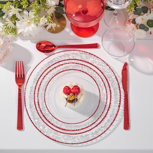 Ciaell 150-Piece Red & Clear Plastic Disposable Dinnerware Set for Weddings & Parties