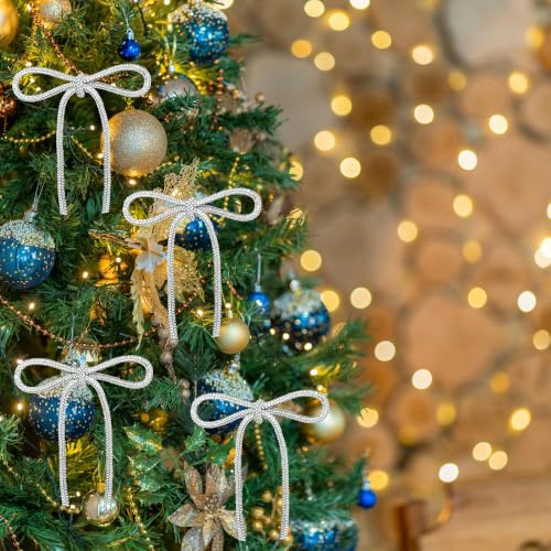 Silvery Glitter Rhinestone Bow Ornaments 12-Pack 5x4 Inch for Christmas Tree—TNTIWQ Variation Silvery
