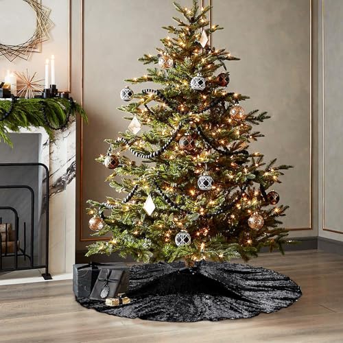Black Sparkle Sequin Christmas Tree Skirt - 36 Inch Xmas Decor Mat