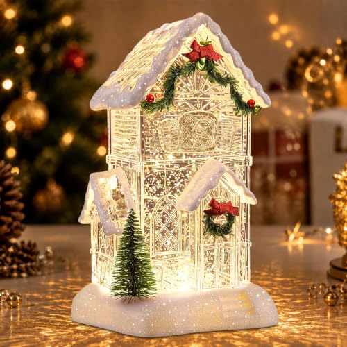 Lighted Christmas Snow Globe Church Water Lantern, 12.5” High